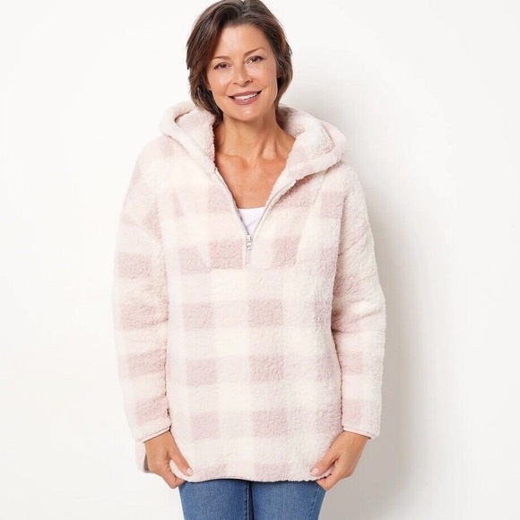 G.I.L.I. HI-LOW Hooded Plaid Pullover Soft Pink / Ivory - Size Small *NEW* - Picture 1 of 1
